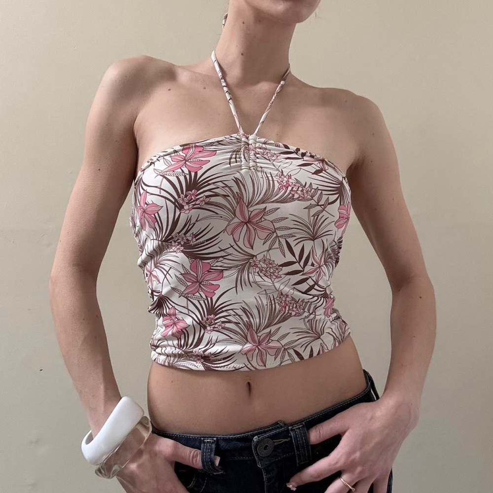 Pink y2k hibiscus cropped top